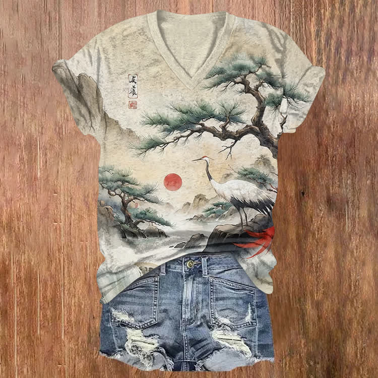 Japanese Vintage Pine And Crane Pattern Print Short Sleeved V-Neck T-Shirt - Apricot - US32-34(5XL) - image 1