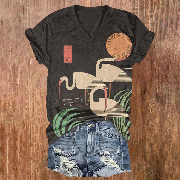 Japanese Minimalist Three Cranes Pattern Print Short Sleeved V-Neck T-Shirt - Black - US32-34(5XL) - image 1