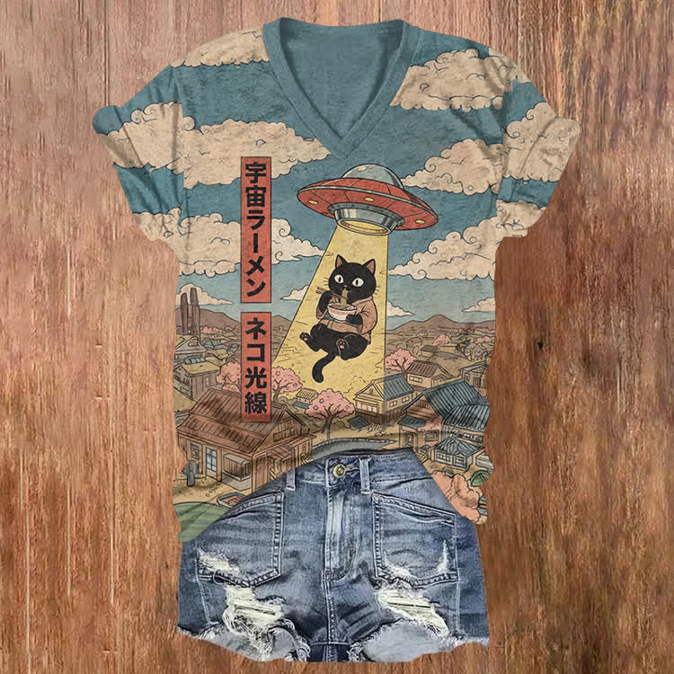 Japanese The Ufo Catches The Cat Pattern Print Short Sleeved V-Neck T-Shirt - Blue - US32-34(5XL) - image 1