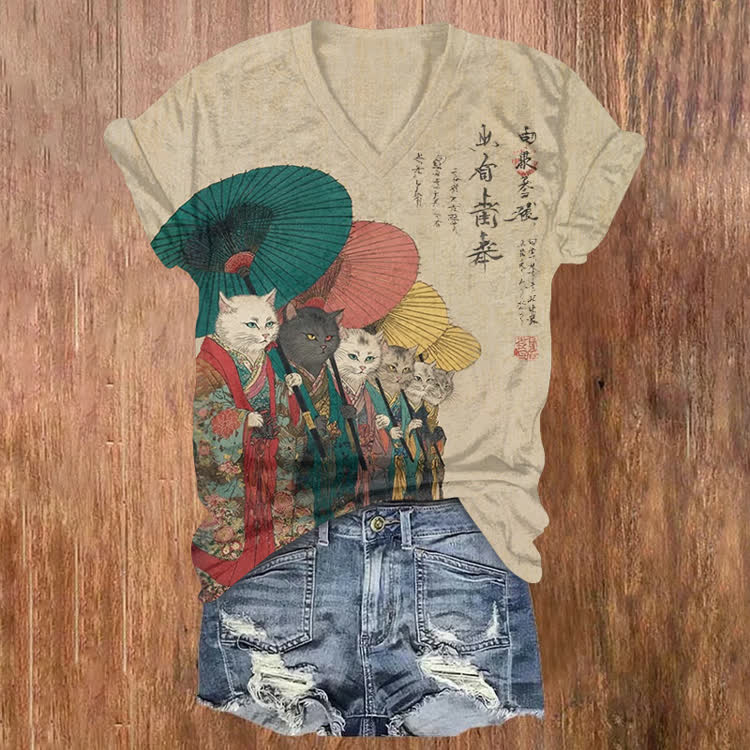 Japanese Retro Kimono Cats Pattern Print Short Sleeved V-Neck T-Shirt - Apricot - US32-34(5XL) - image 1