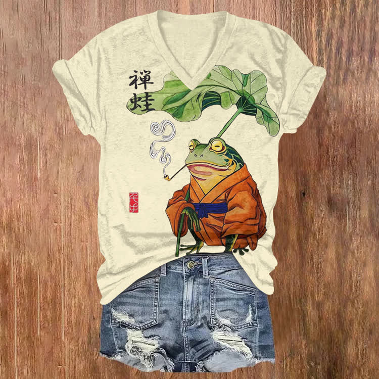 Japanese Retro Smoking Frog Pattern Print Short Sleeved V-Neck T-Shirt - Apricot - US32-34(5XL) - image 1