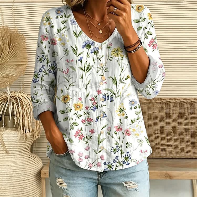 Pastoral Watercolor Flowers And Plants Print Button V-neck A-line Long Sleeve Blouse - image 1