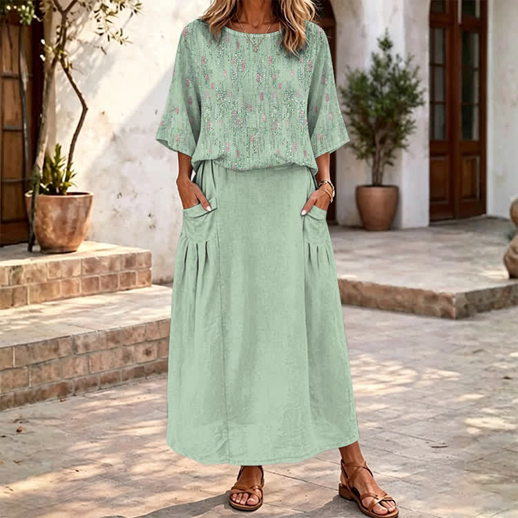  Elegant Polka-dot Texture Pattern Print Half Sleeve Casual Blouse & Solid Pocket Skirt Set - Light Green - 4XL - image 1