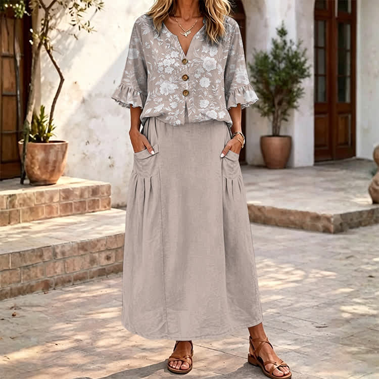 Elegant Floral Print Button V-neck Ruffle Sleeves Blouse & Solid Pocket Skirt Set - Apricot - 4XL - image 1