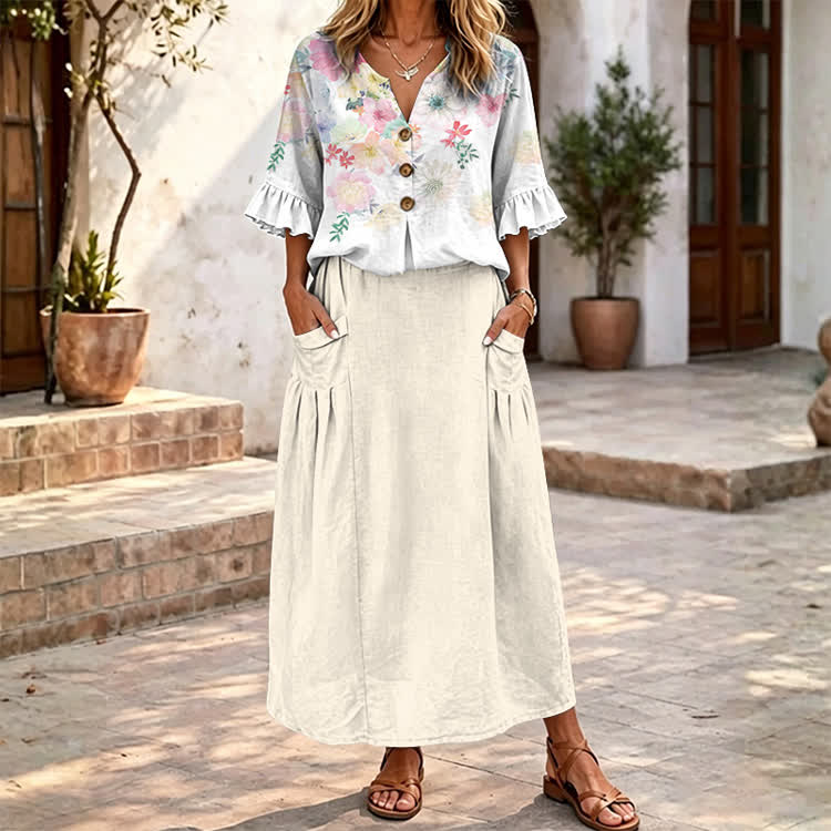 Boho Floral Print Button V-neck Ruffle Sleeves Blouse & Solid Pocket Skirt Set - Apricot - 4XL - image 2