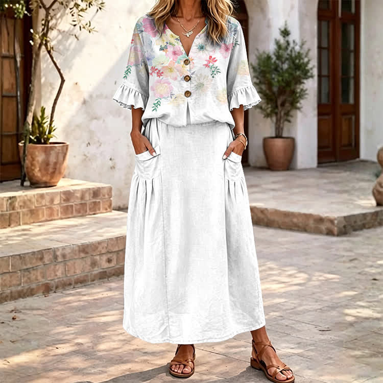 Boho Floral Print Button V-neck Ruffle Sleeves Blouse & Solid Pocket Skirt Set - White - 4XL - image 1