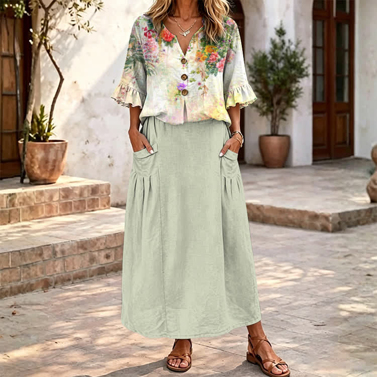  Vintage Oil Painting Floral Vines Pattern Print Button V-neck Ruffle Sleeves Blouse & Solid Pocket Skirt Set - Light Green - 4XL - image 1
