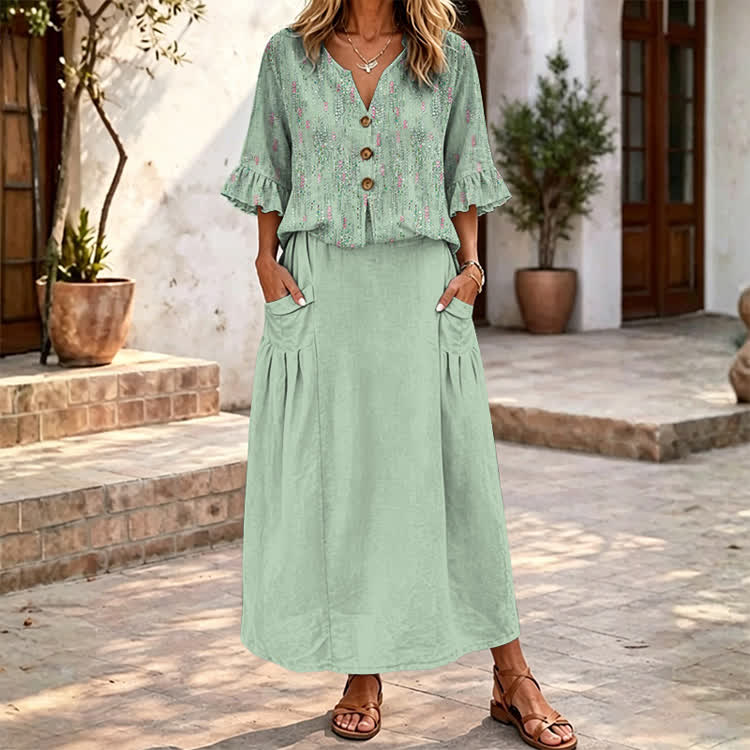 Elegant Polka-dot Texture Pattern Print Button V-neck Ruffle Sleeves Blouse & Solid Pocket Skirt Set - Light Green - 4XL - image 1
