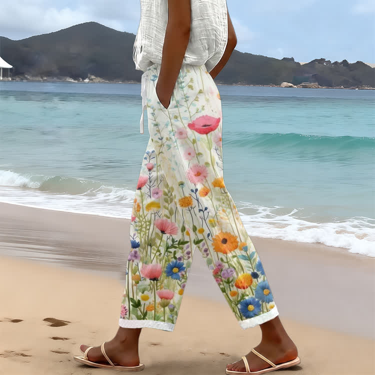 Colorful Wildflower Print Casual Pocket Pants - White - US 20 (5XL) - image 1