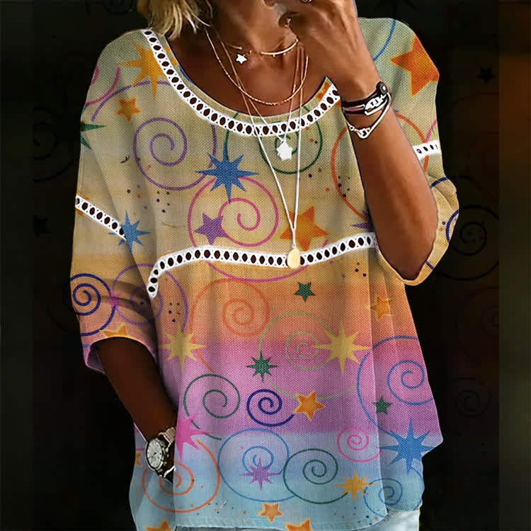Pastel Star & Swirl Art Print Openwork Lace Splicing Round Neck Half Sleeve Blouse - Multicolor - 4XL - image 1
