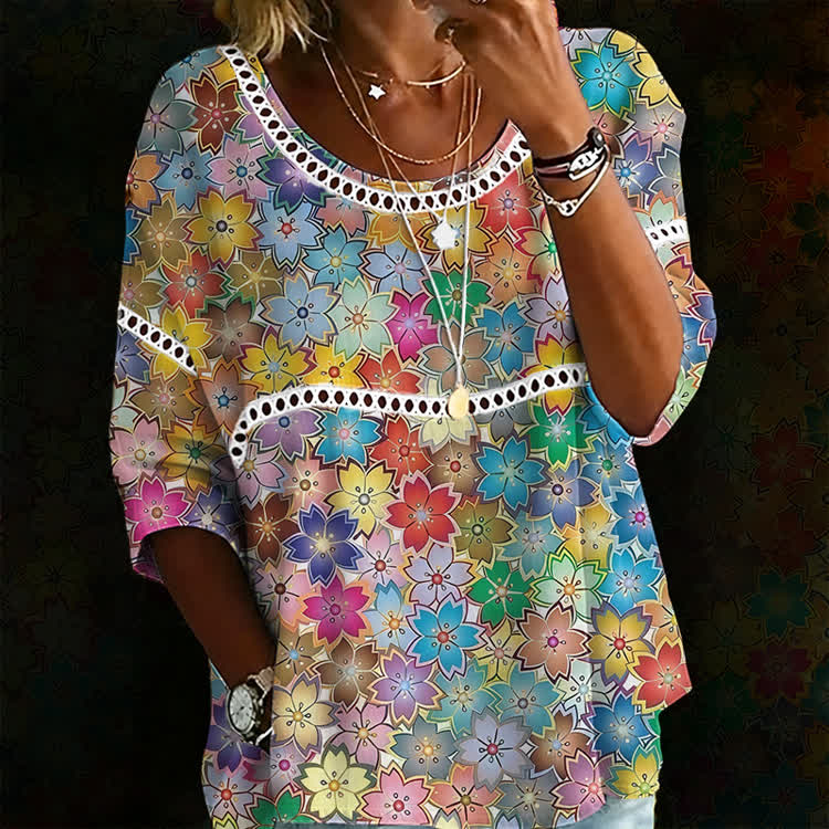 Hippie Multicolor Floral Art Print Openwork Lace Splicing Round Neck Half Sleeve Blouse - Multicolor - 4XL - image 1