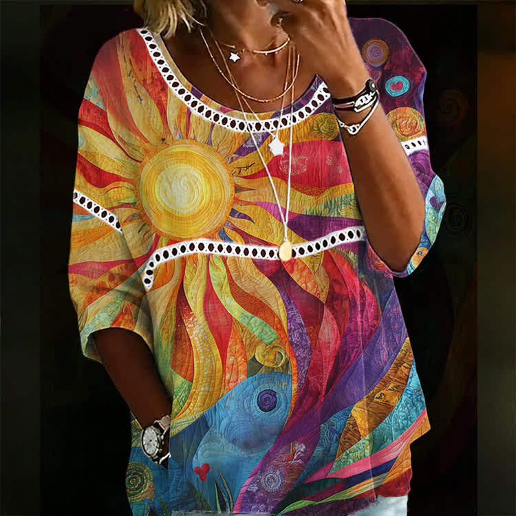 Psychedelic Rainbow Sunburst Art Print Openwork Lace Splicing Round Neck Half Sleeve Blouse - Multicolor - 4XL - image 1