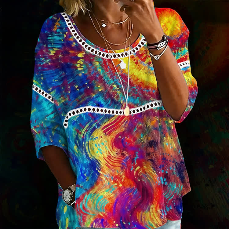 Abstract Rainbow Swirl Art Print Openwork Lace Splicing Round Neck Half Sleeve Blouse - Multicolor - 4XL - image 1