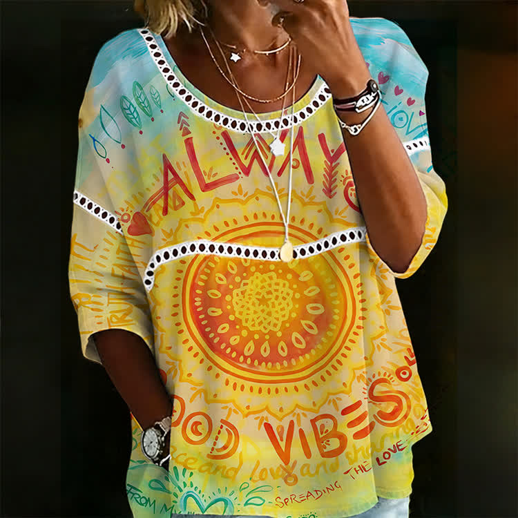 Hippie "always Good Vibes" Art Print Openwork Lace Splicing Round Neck Half Sleeve Blouse - Multicolor - 4XL - image 1
