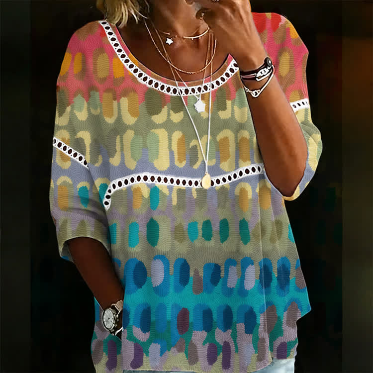 Multicolor Ombre Art Print Openwork Lace Splicing Round Neck Half Sleeve Blouse - Multicolor - 4XL - image 1