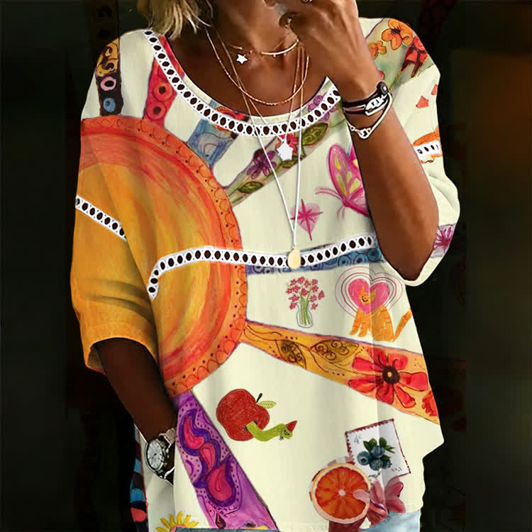Colorful Folk Art Print Openwork Lace Splicing Round Neck Half Sleeve Blouse - Apricot - 4XL - image 1