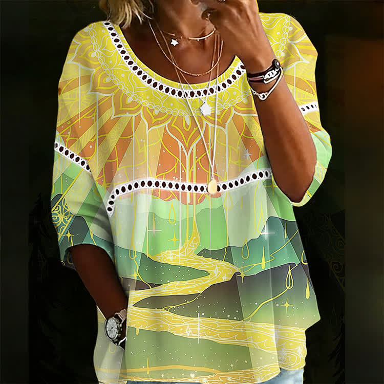 Boho Sun & Mountain Art Print Openwork Lace Splicing Round Neck Half Sleeve Blouse - Multicolor - 4XL - image 1