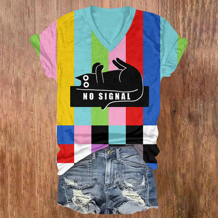 Rainbow Glitch Black Cat Pattern Print Short Sleeved V-Neck T-Shirt - Blue - US32-34(5XL) - image 1