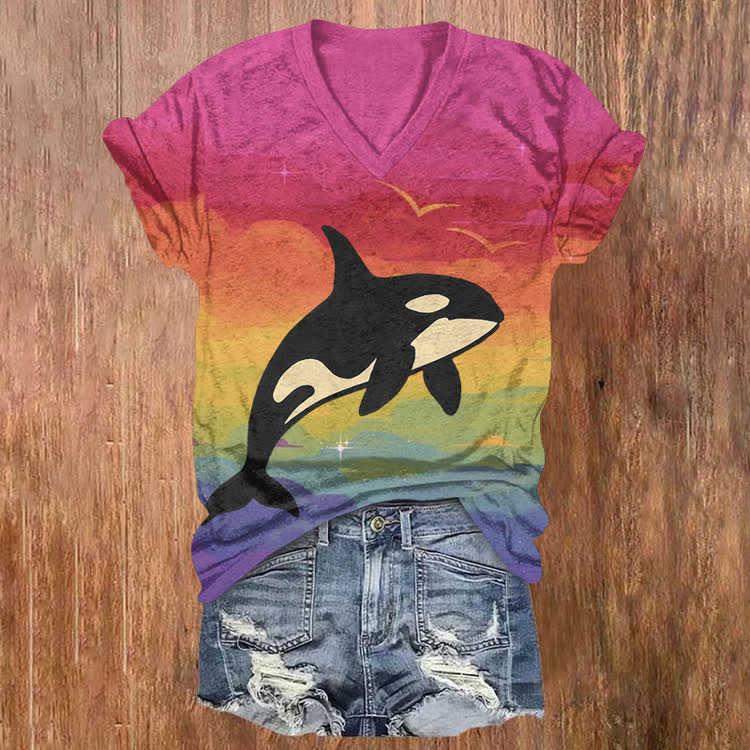 Rainbow Sky Orca Pattern Print Short Sleeved V-Neck T-Shirt - Multicolor - US32-34(5XL) - image 1
