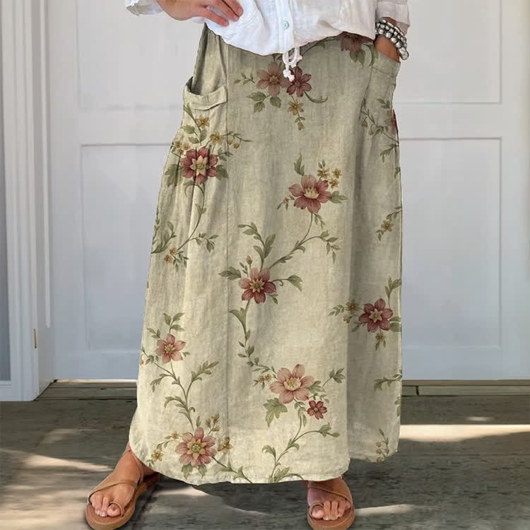 Retro-Nostalgic Florals Pattern Print Casual Pocket Skirt - Apricot - US 20 (5XL) - image 1