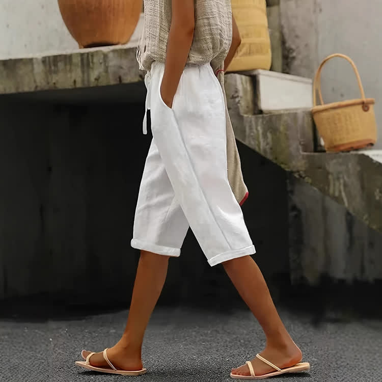 Elegant Solid Casual Pocket Mid Short Pants  - White - US 24 (4XL) - image 1