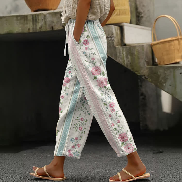 Boho Pastel Floral Print Casual Pocket Pants - Apricot - US 20 (5XL) - image 1