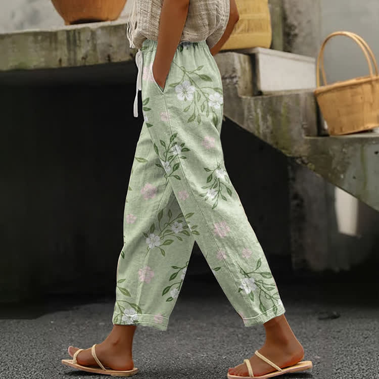 Sage Green Floral Print Casual Pocket Pants - Green - US 20 (5XL) - image 1