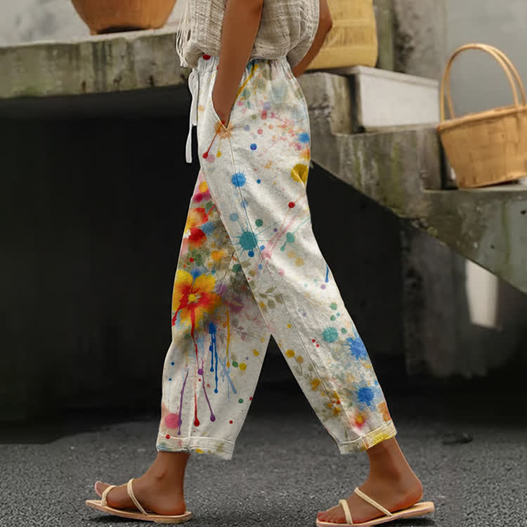 Multicolor Watercolor Print Casual Pocket Pants - White - US 20 (5XL) - image 1