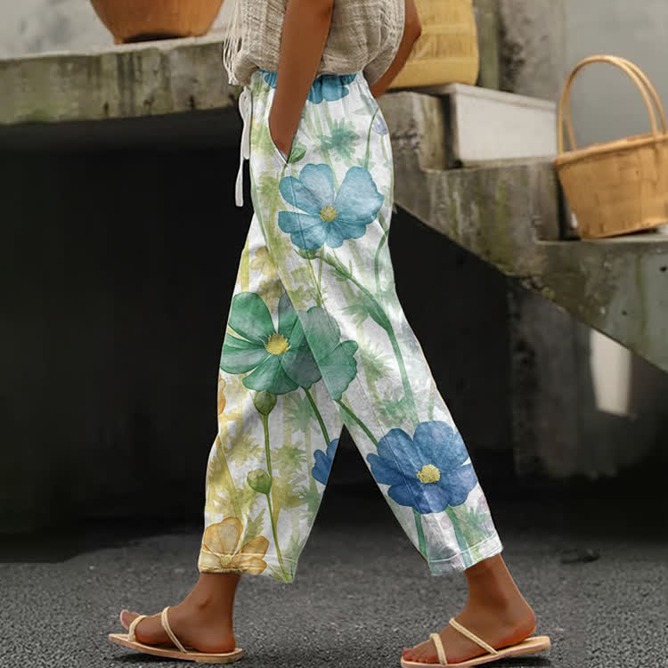 Blue & Green Botanical Print Casual Pocket Pants - White - US 20 (5XL) - image 1