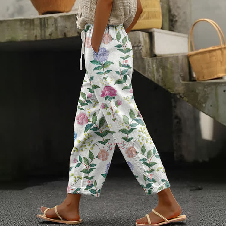 Vintage Botanical Floral Print Casual Pocket Pants - White - US 20 (5XL) - image 1