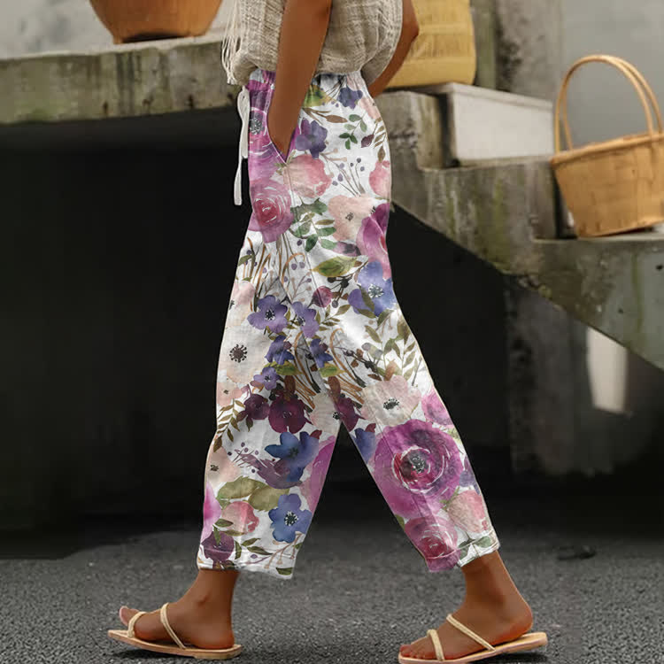 Watercolor Purple Rose Floral Print Casual Pocket Pants - White - US 20 (5XL) - image 1