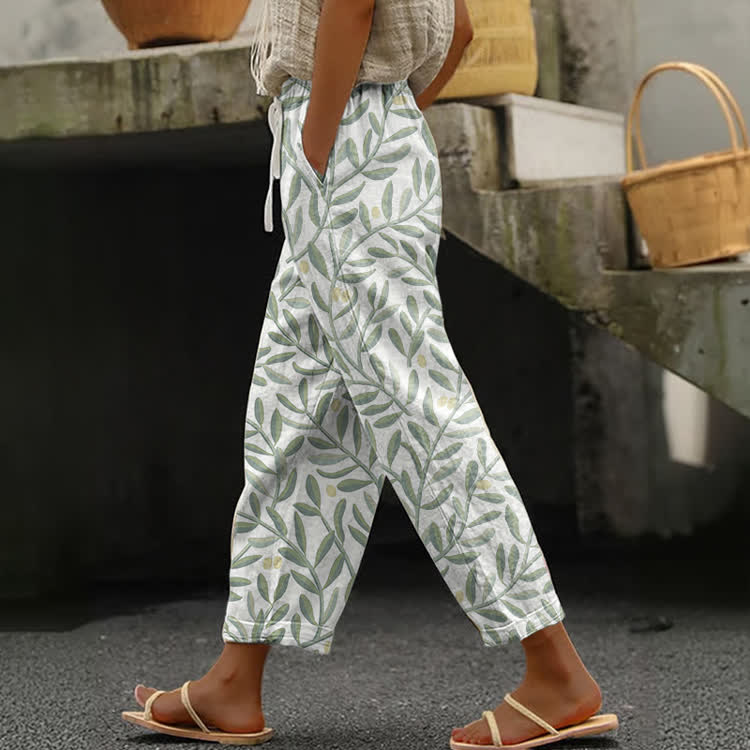 Botanical Leaf Print Casual Pocket Pants - Grey - US 20 (5XL) - image 1