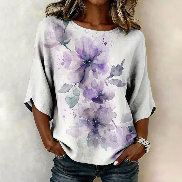 Watercolor Purple Floral Print Half Sleeve Casual Blouse - Grey - US 28-30 (4XL) - image 1