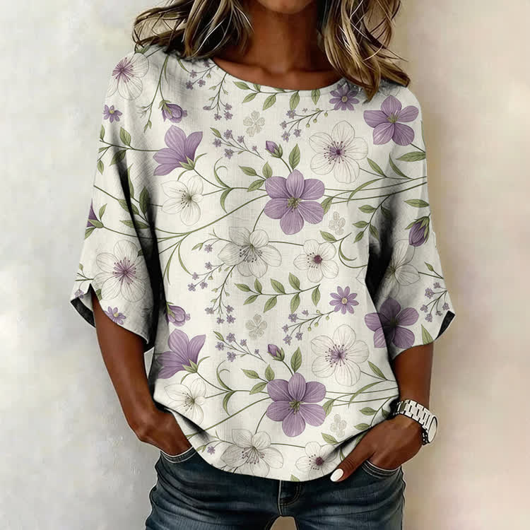 Botanical Flower Art Print Half Sleeve Casual Blouse - Beige - US 28-30 (4XL) - image 1