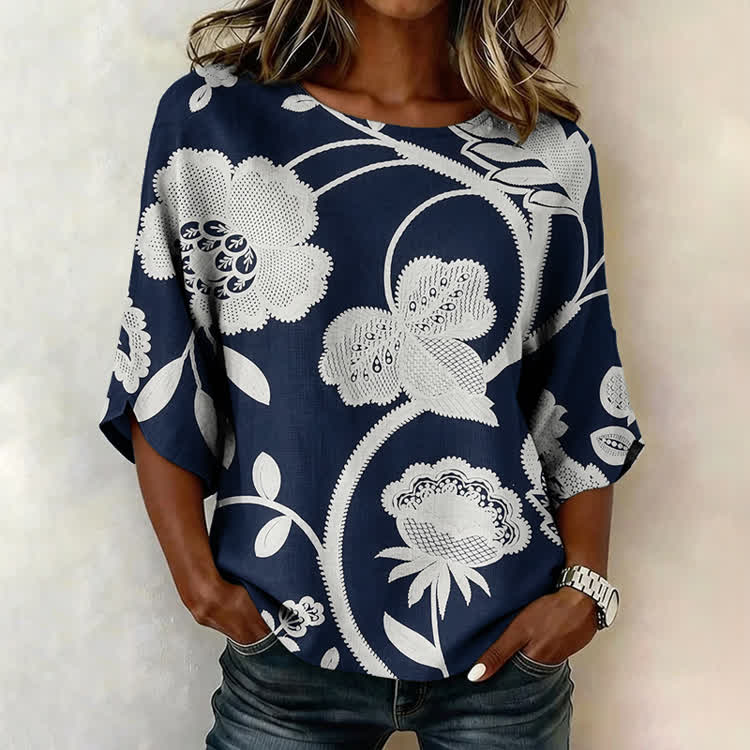 Artistic Floral Art Print Half Sleeve Casual Blouse - Navy Blue - US 28-30 (4XL) - image 1