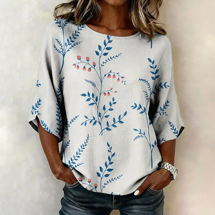 Leaf Branch Art Print Half Sleeve Casual Blouse - Blue - US 28-30 (4XL) - image 1