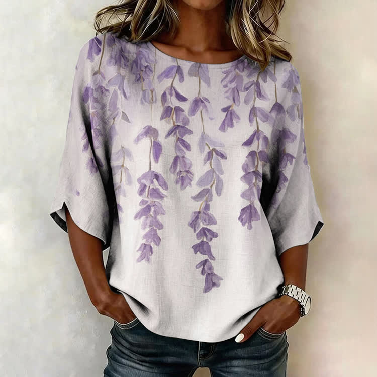 Purple Floral Vine Art Print Half Sleeve Casual Blouse - Purple - US 28-30 (4XL) - image 1