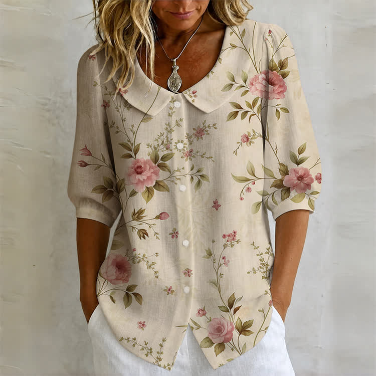 Vintage Floral Vine Print Button-up Half-sleeve Blouse - Apricot - US32-34(5XL) - image 1