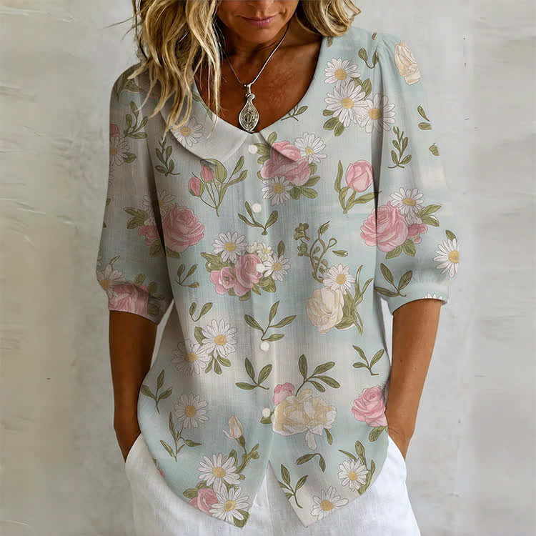 Vintage Garden Floral Print Button-up Half-sleeve Blouse - Green - US32-34(5XL) - image 1