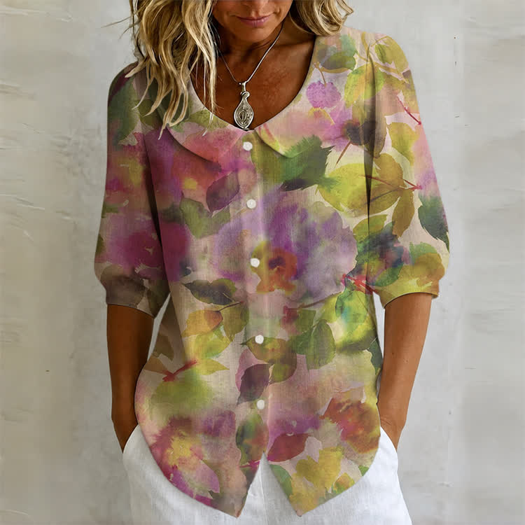 Artistic Watercolor Floral Print Button-up Half-sleeve Blouse - Multicolor - US32-34(5XL) - image 1