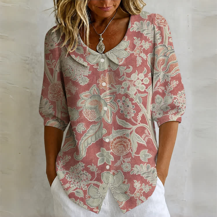 Vintage Pink Jacobean Floral Print Button-up Half-sleeve Blouse - Red - US32-34(5XL) - image 1