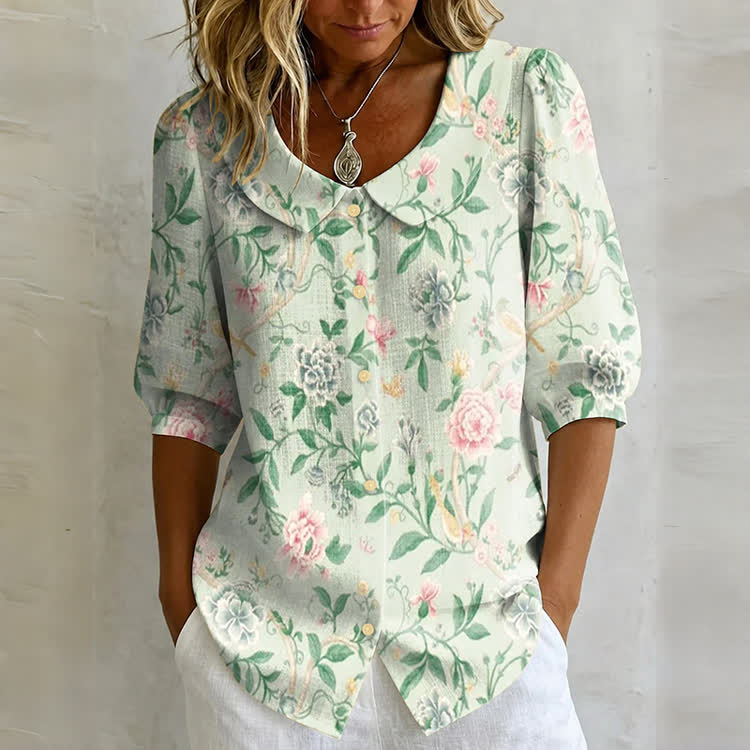 Mint Green Floral Print Button-up Half-sleeve Blouse - Green - US32-34(5XL) - image 1