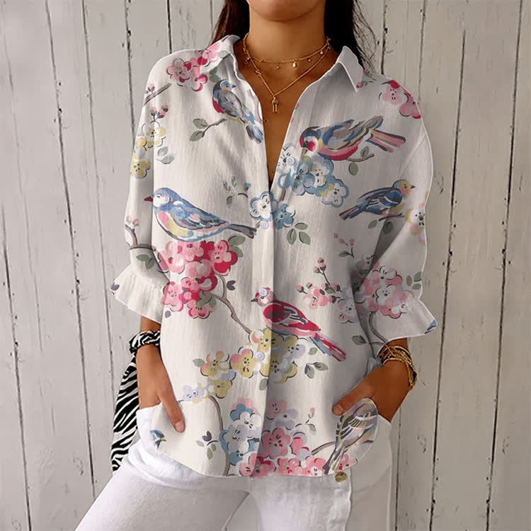 Floral & Bird Print Half-sleeve Button-down Shirt - Apricot - US 26 (6XL) - image 1