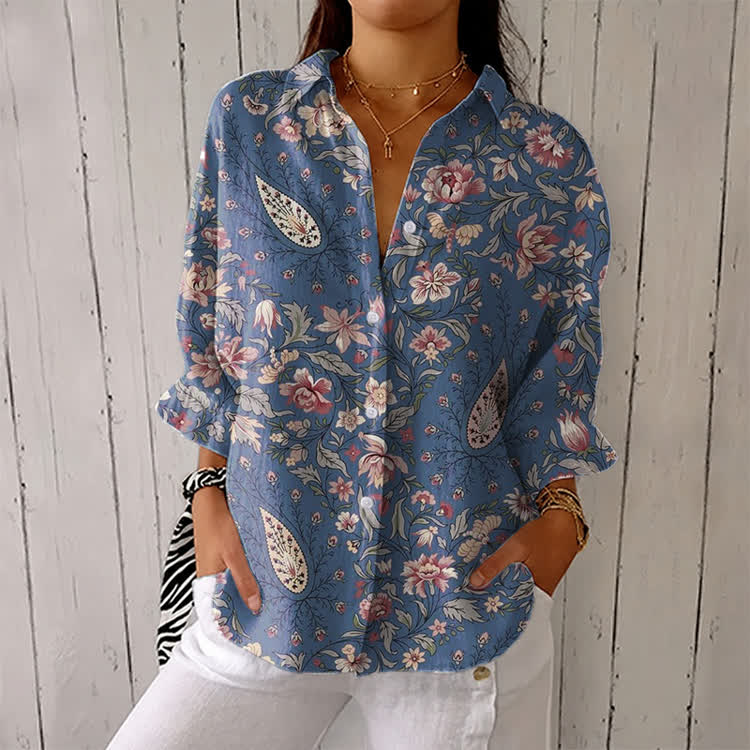 Boho Vintage Botanical Print Half-sleeve Button-down Shirt - Blue - US 26 (6XL) - image 1
