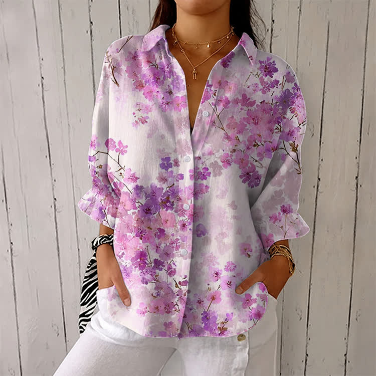 Spring Garden Floral Print Half-sleeve Button-down Shirt - Purple - US 26 (6XL) - image 1