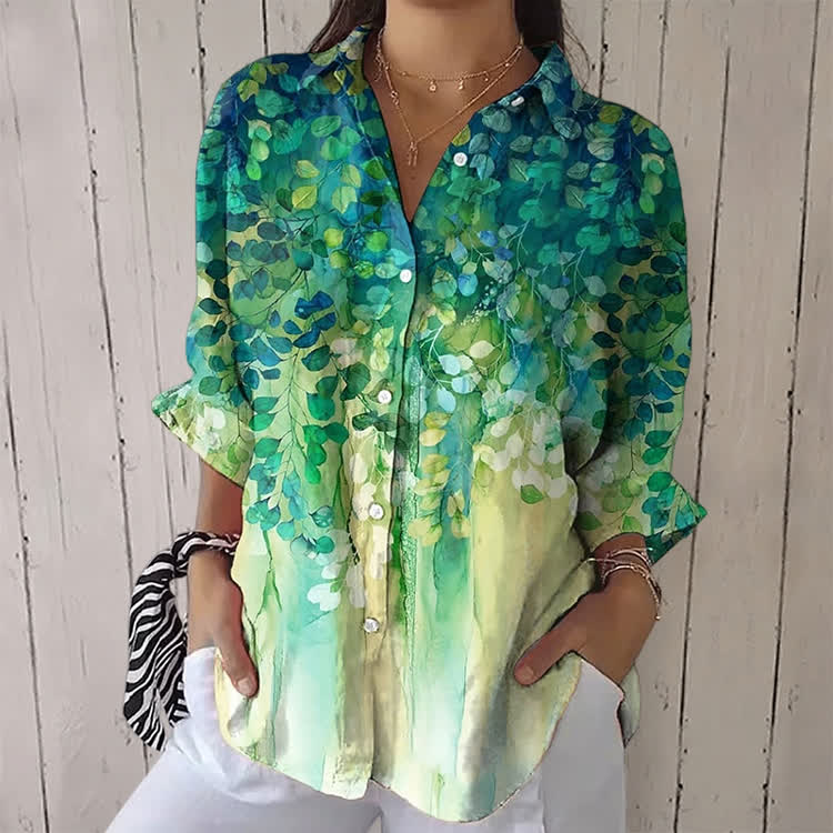 Boho Green Ombre Botanical Print Half-sleeve Button-down Shirt - Green - US 26 (6XL) - image 1