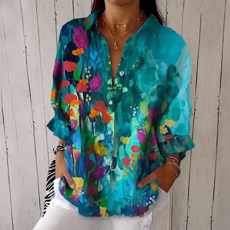 Colorful Watercolor Flower Print Half-sleeve Button-down Shirt - Blue - US 26 (6XL) - image 1
