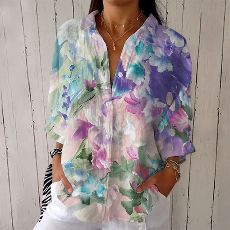 Abstract Flower Print Half-sleeve Button-down Shirt - Multicolor - US 26 (6XL) - image 1