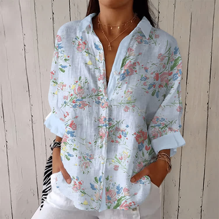 Light Blue Ditsy Floral Print Half-sleeve Button-down Shirt - Light Blue - US 26 (6XL) - image 1