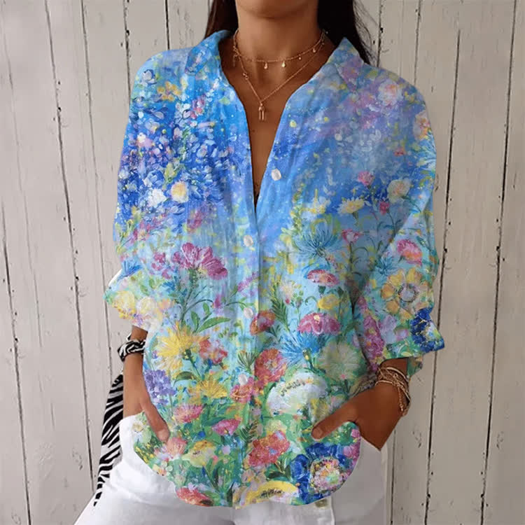 Blue Watercolor Wildflower Print Half-sleeve Button-down Shirt - Blue - US 26 (6XL) - image 1